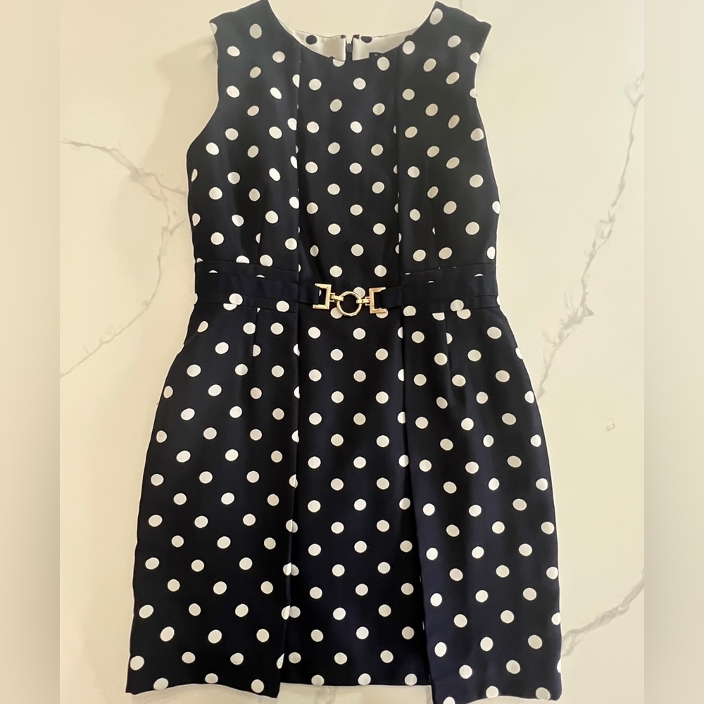 TAHARI-LEVINE PETITE NAVY BLUE POLKA DOT DRESS size 10p great condition